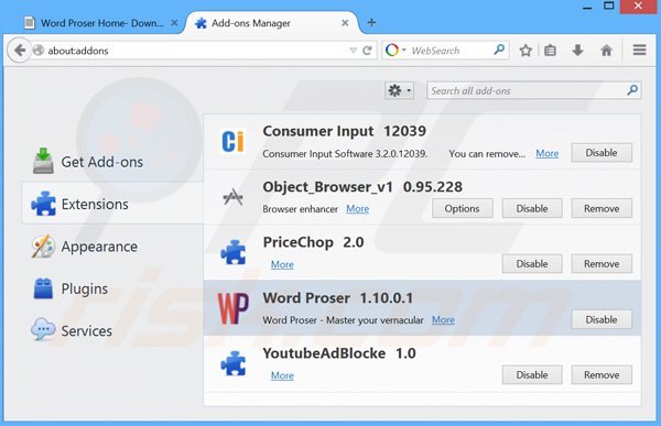 Removing wordproser ads from Mozilla Firefox step 2