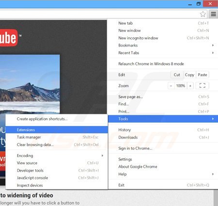Removing youtubegizmos ads from Google Chrome step 1
