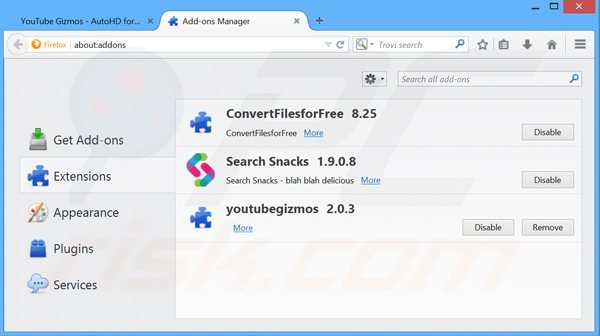 Removing youtubegizmos ads from Mozilla Firefox step 2