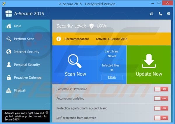 a-secure 2015 fake antivirus main window