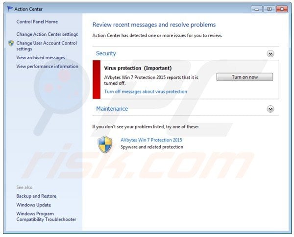 avbytes win7 protection 2015 displaying a fake Windows action center