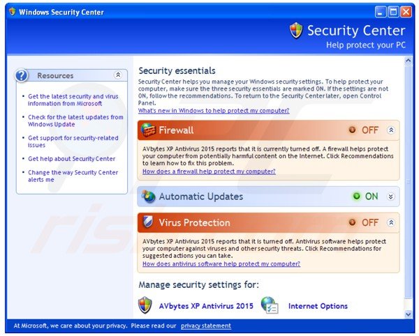 avbytes xp antivirus 2015 displaying a fake Windows Security Center