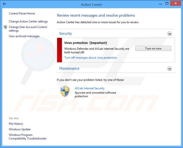 avlab internet security displaying a fake Windows action center