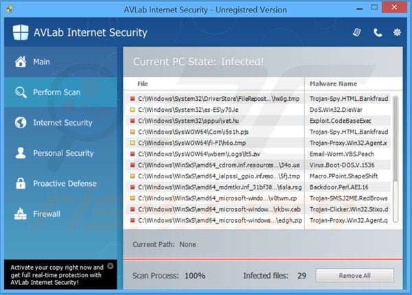 avlab internet security performing a fake computer security scan