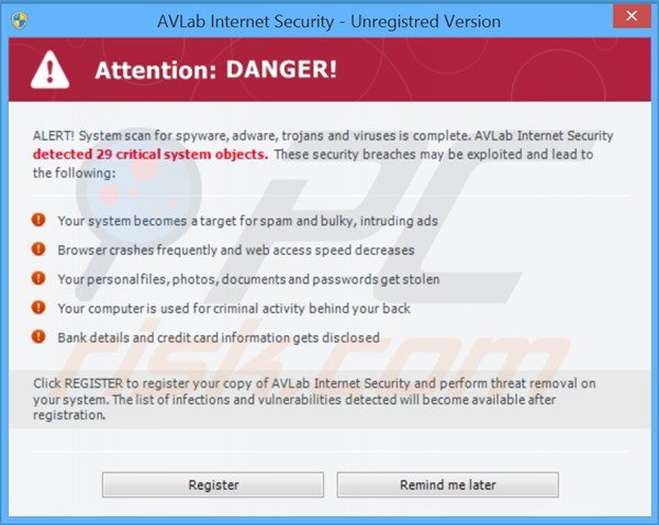 avlab internet security generating fake security warning messages