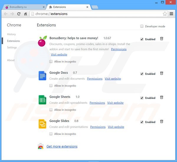 Removing BonusBerry ads from Google Chrome step 2