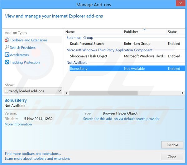 Removing BonusBerry ads from Internet Explorer step 2