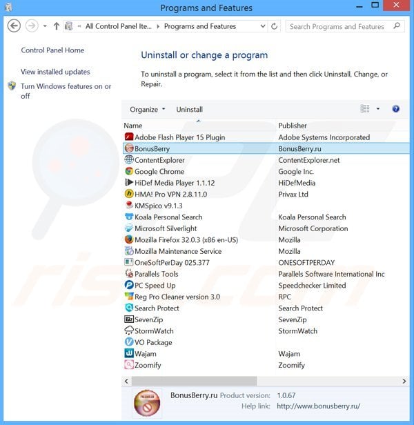 BonusBerry adware uninstall via Control Panel