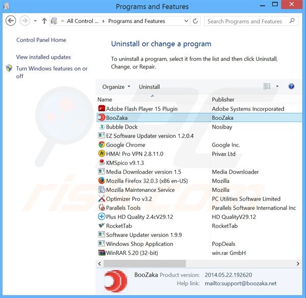 boozaka adware uninstall via Control Panel