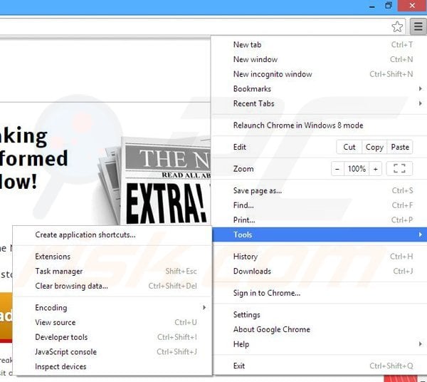 Removing Breaking News Alert ads from Google Chrome step 1