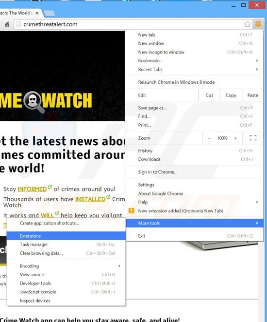 Removing Crime Watch ads from Google Chrome step 1