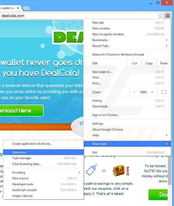 Removing Deal Cola ads from Google Chrome step 1