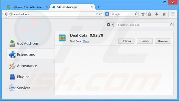 Removing Deal Cola ads from Mozilla Firefox step 2