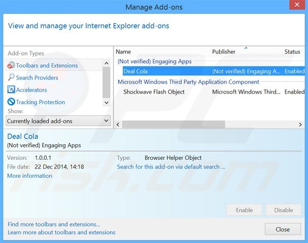 Removing Deal Cola ads from Internet Explorer step 2