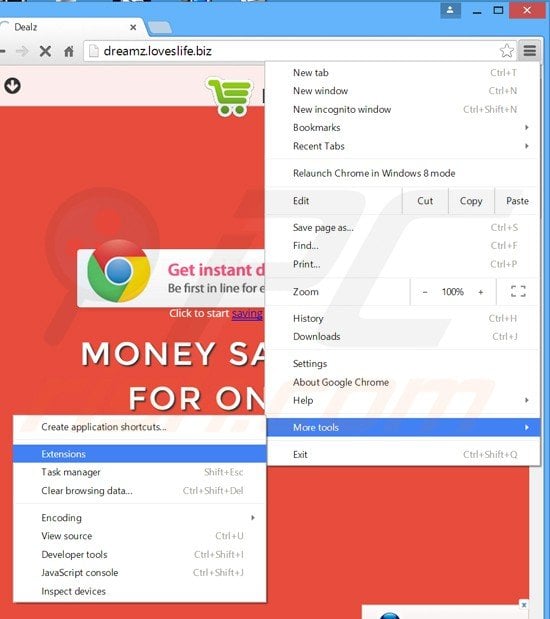 Removing Dealz ads from Google Chrome step 1
