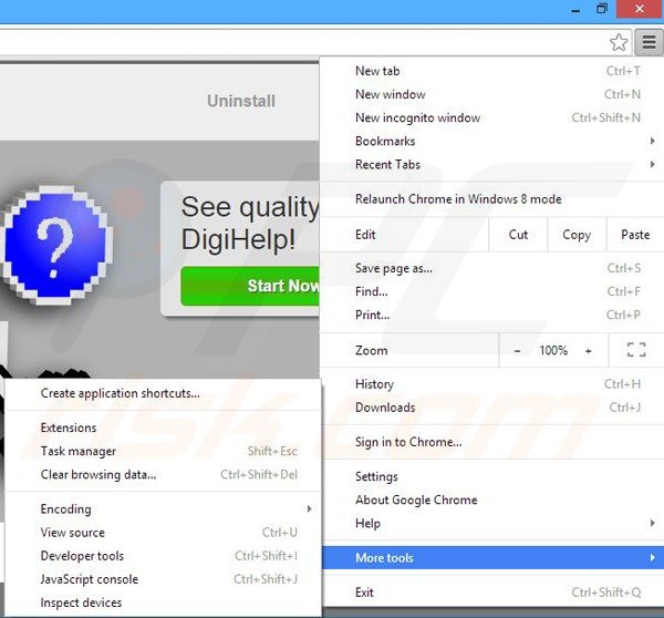Removing DigiHelp from Google Chrome step 1