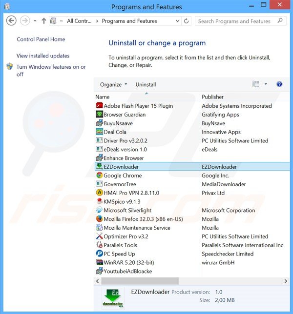 EzDownloader adware uninstall via Control Panel