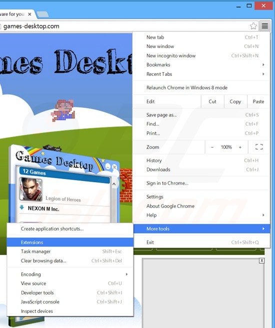 Removing games desktop related extensions from Google Chrome step 1
