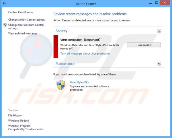 guardbytes plus displaying a fake Windows Action Center