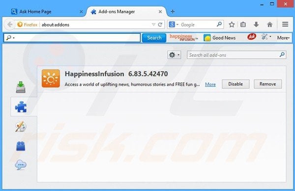 Removing HappinessInfusion related Mozilla Firefox extensions