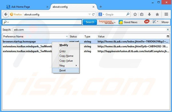 Removing HappinessInfusion from Mozilla Firefox default search engine