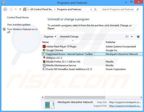 HappinessInfusion browser hijacker uninstall via Control Panel