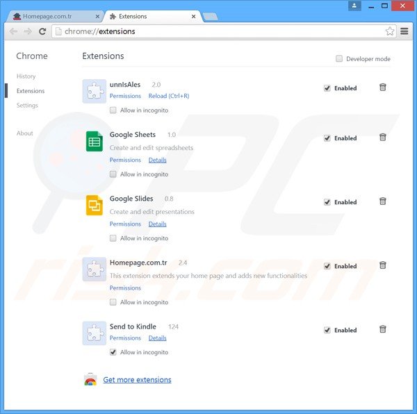Removing Homepage.com.tr related Google Chrome extensions