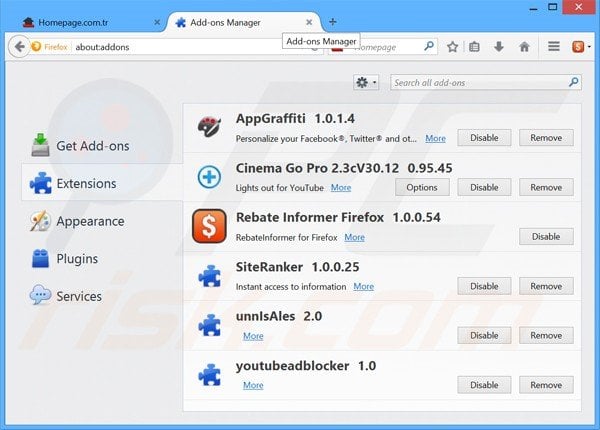 Removing Homepage.com.tr related Mozilla Firefox extensions