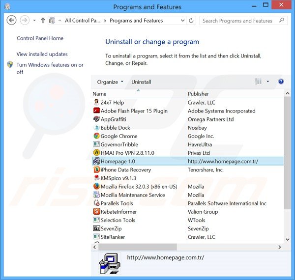 Homepage.com.tr browser hijacker uninstall via Control Panel