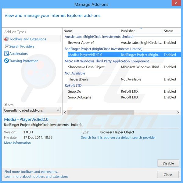 Removing media player enhance ads from Internet Explorer step 2