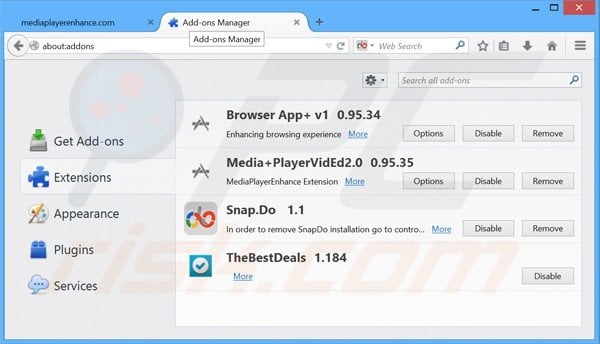 Removing media player enhance ads from Mozilla Firefox step 2