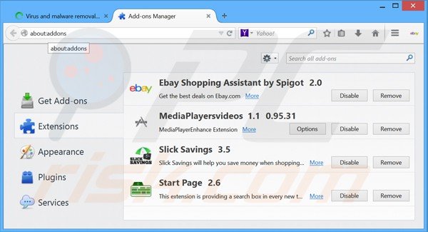 Removing mediaplayersvideos ads from Mozilla Firefox step 2