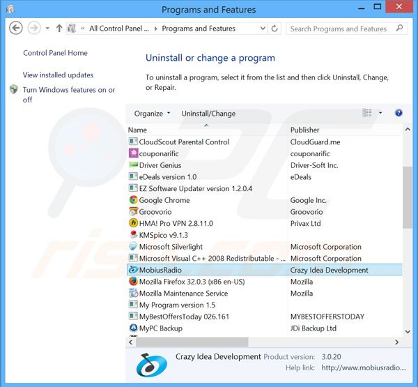 mobius radio adware uninstall via Control Panel