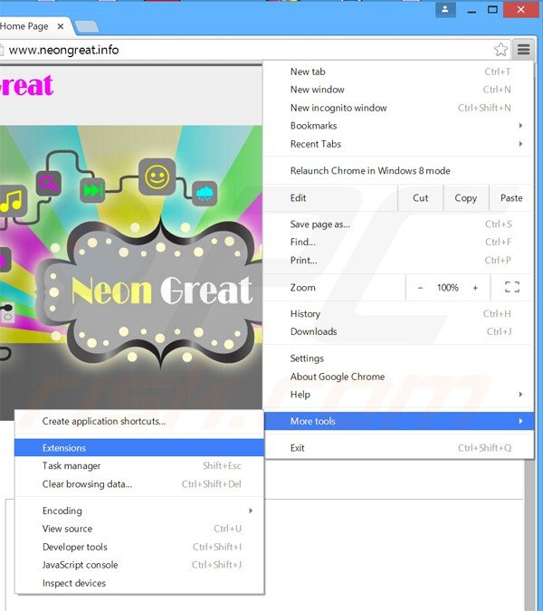 Removing Neon Great  ads from Google Chrome step 1