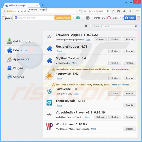 Removing neurowise ads from Mozilla Firefox step 2