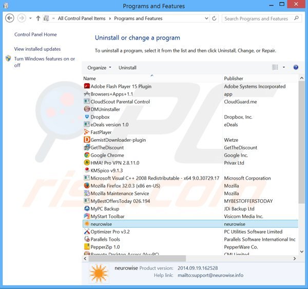 neurowise adware uninstall via Control Panel