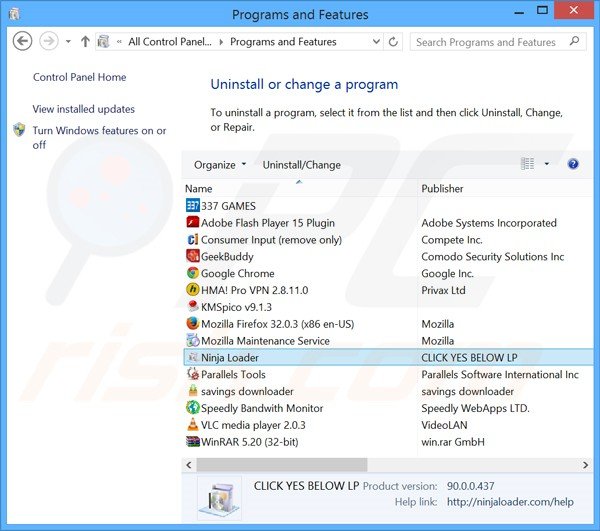 NinjaLoader adware uninstall via Control Panel