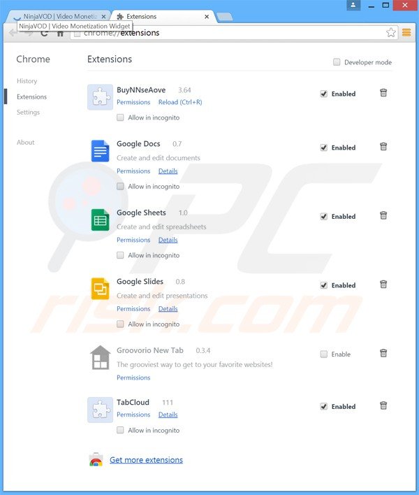 Removing ninjavod ads from Google Chrome step 2