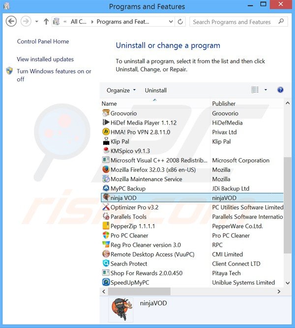 ninjavod adware uninstall via Control Panel