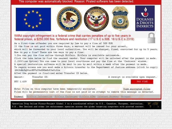 pirated software detected ransomware tageting PC users living in EU
