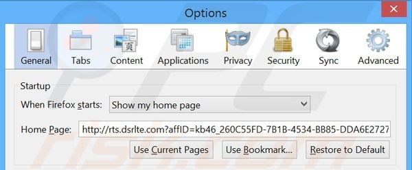 Removing rts.dsrlte.com from Mozilla Firefox homepage