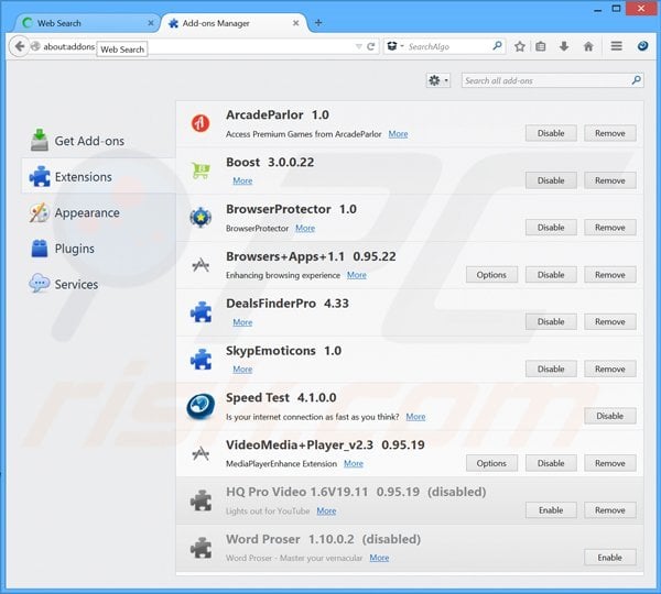 Removing Searchalgo.com related Mozilla Firefox extensions