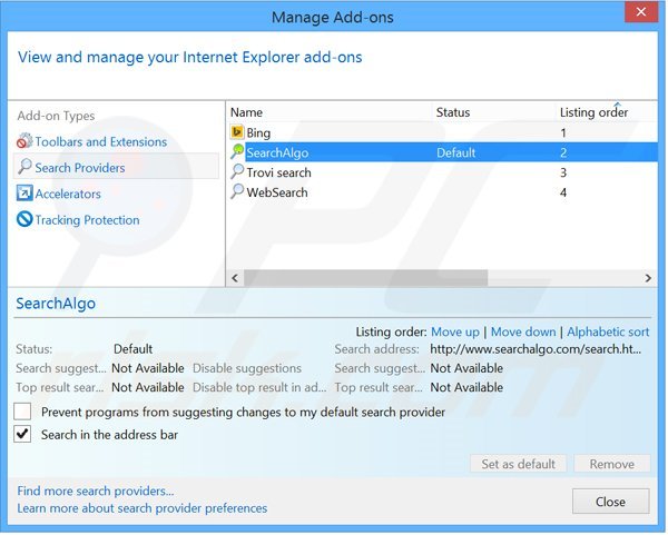 Removing Searchalgo.com from Internet Explorer default search engine