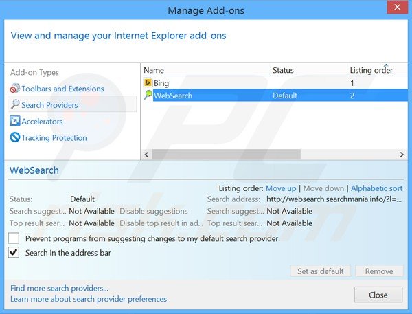 Removing websearch.searchmania.info from Internet Explorer default search engine