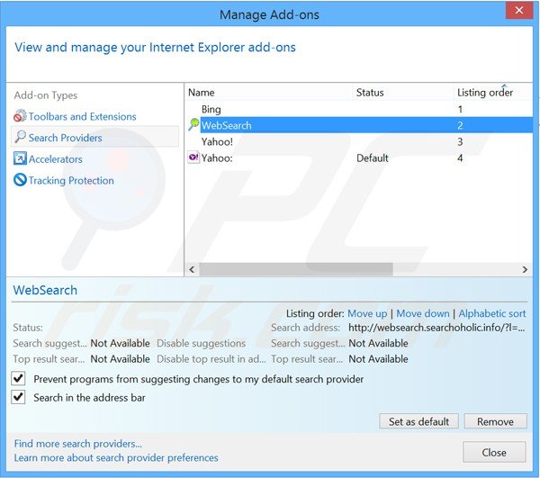 Removing searchoholic from Internet Explorer default search engine settings
