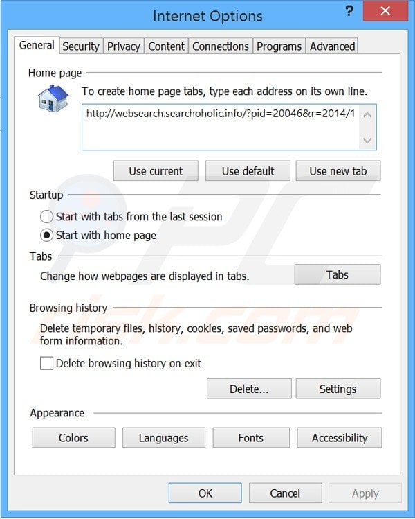 Removing websearch.searchoholic.info from Internet Explorer homepage
