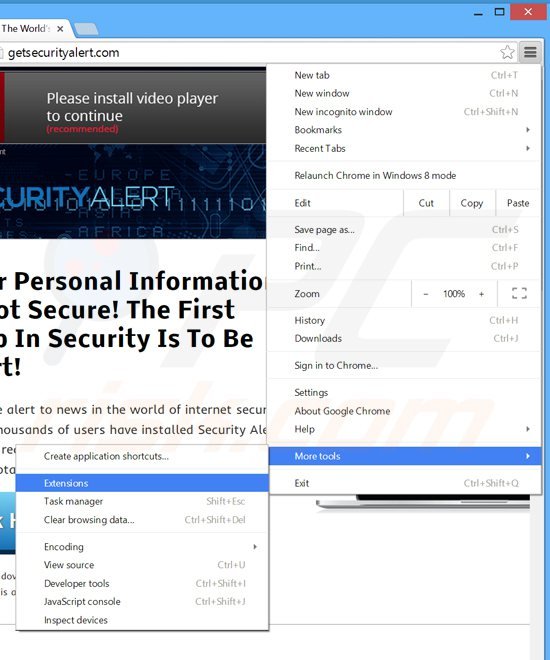 Removing Security Alert ads from Google Chrome step 1