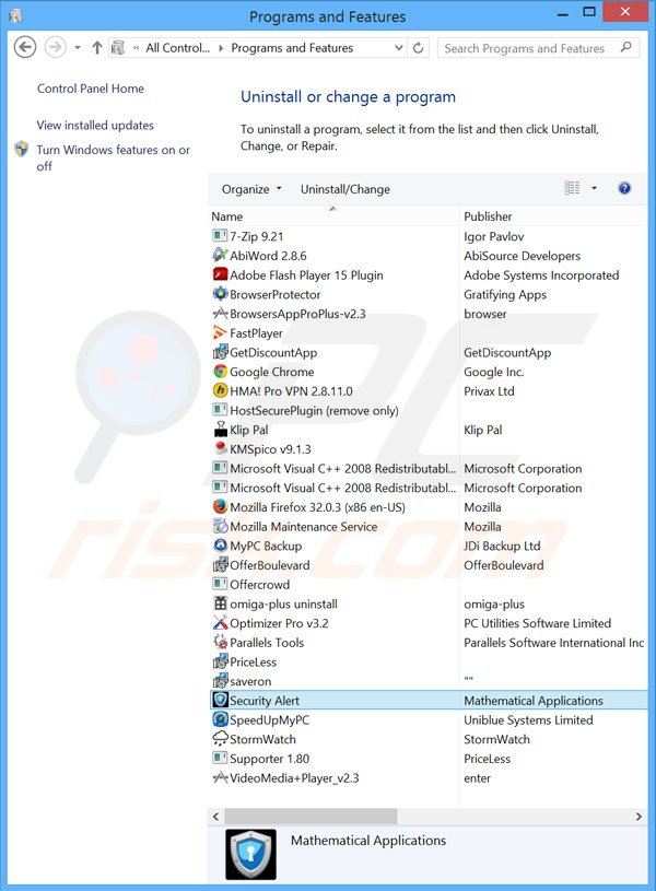 Security Alert adware uninstall via Control Panel