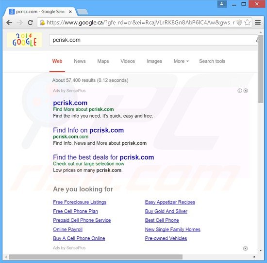 senseplus generating ads in Google Internet search results