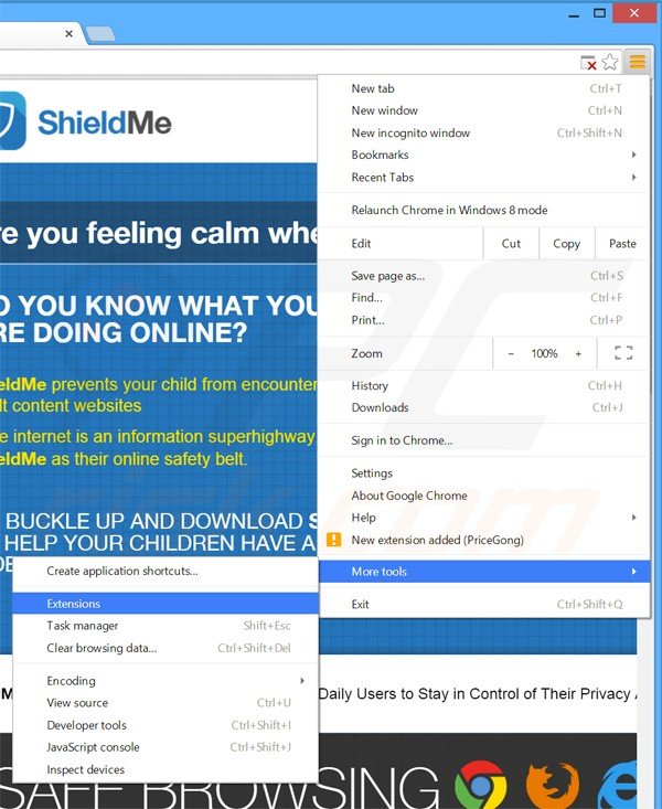 Removing ShieldMe ads from Google Chrome step 1